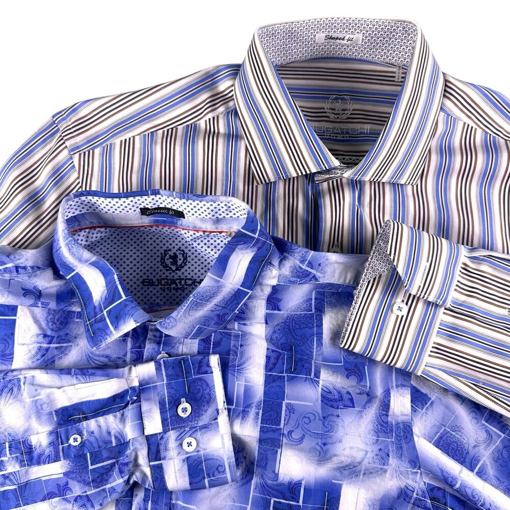 Lot‎ of 2 Bugatchi Uomo Shirt Mens Button Up Classic & Shaped Fit Flip Cuff